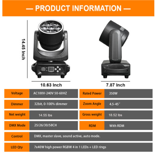 7x40W RGBW 4in1 LED Mini Bee Eye Zoom Wash Moving Head Light