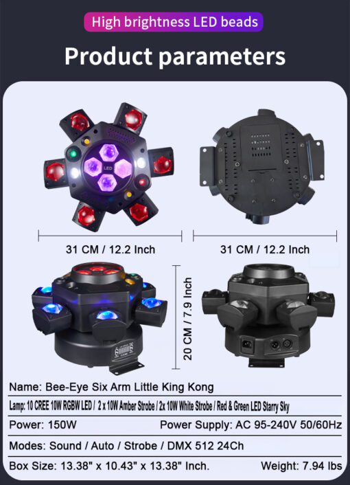 DJ Party Light 150W Six Arms Beam Bee Eye Moving Head King Kong DJ Light