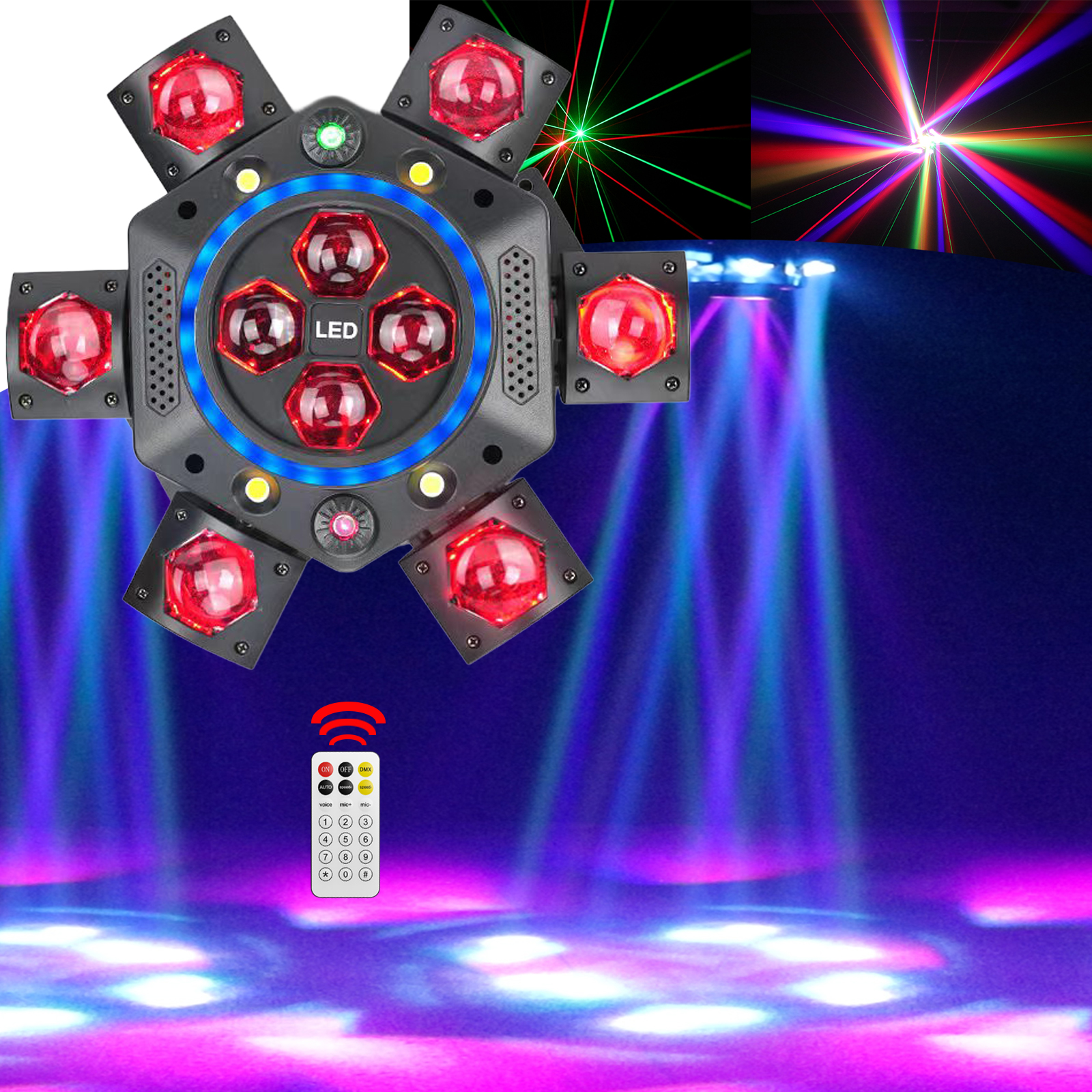 150W 6-Arm Bee-Eye moving head DJ light with LED halo ring and laser
