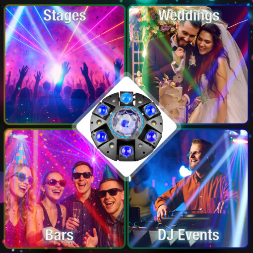Six arm RGBW moving beam party light with disco ball lens use cases