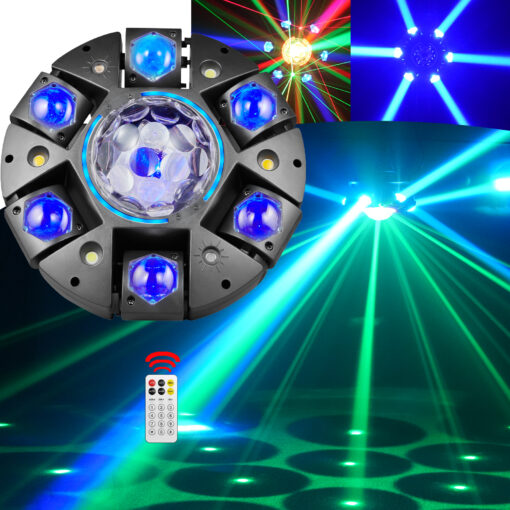 Six arm RGBW moving beam party light with disco ball lens